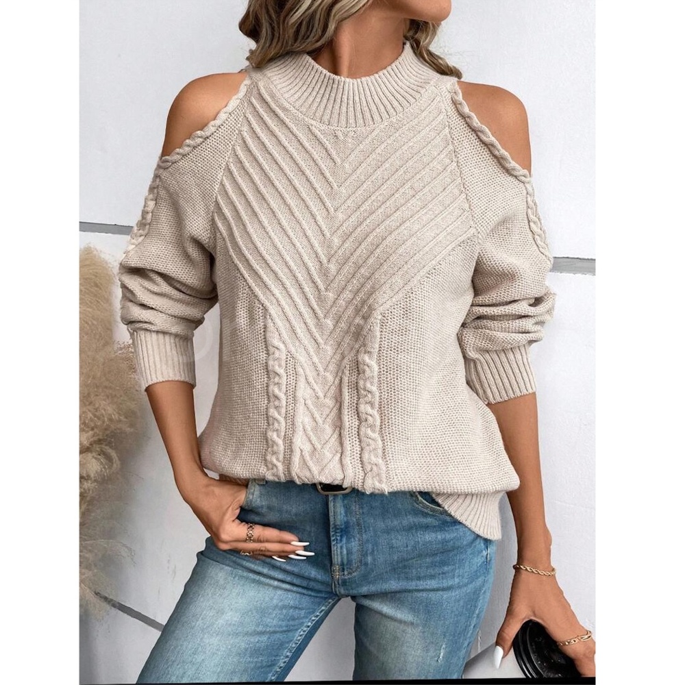 Beige Cable Knit Pullover Sweater Cold Shoulder Long Sleeve - Picture 5 of 9